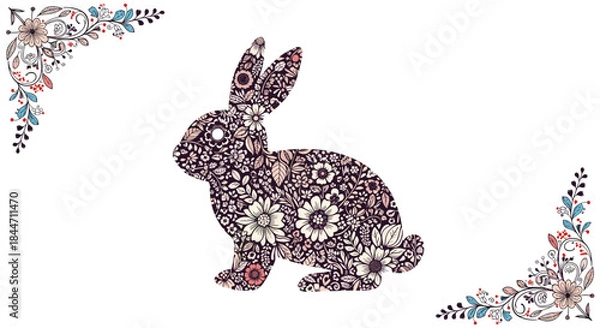 Fototapeta An elegant rabbit silhouette filled with a beautiful and intricate floral pattern on a clean white background with corner ornaments.