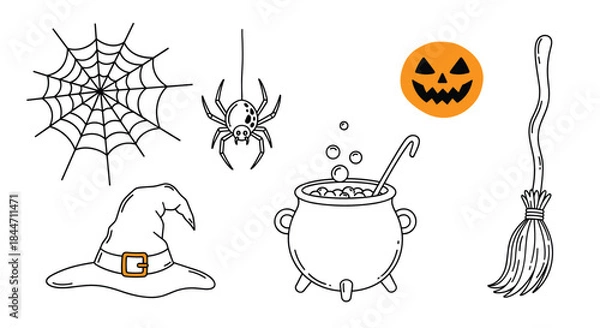 Fototapeta A set of hand-drawn black and white doodle icons for Halloween including a witch hat cauldron spider web and jack-o-lantern.