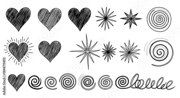 Fototapeta Big set of black hand-drawn doodle elements including scribble hearts stars and spirals for design isolated on white background.