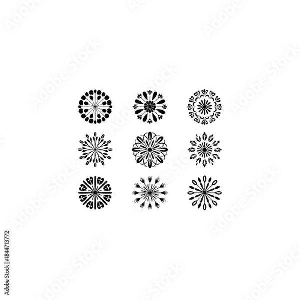 Obraz 9 flower and leaf mandala designs, solid black vector fill