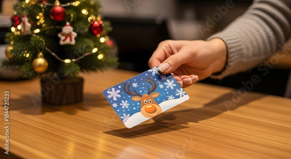 Fototapeta Hand holding Christmas card with reindeer design near pine tree  