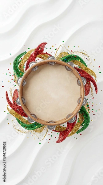 Fototapeta Template de Carnaval Limpo com Pandeiro Central e Elementos de Glitter para Varejo e Supermercado - Fundo Branco