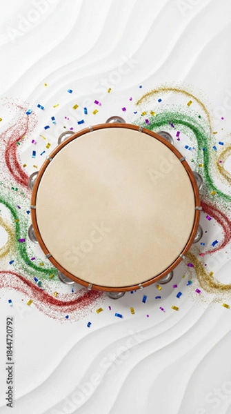 Fototapeta Template de Carnaval Limpo com Pandeiro Central e Elementos de Glitter para Varejo e Supermercado - Fundo Branco