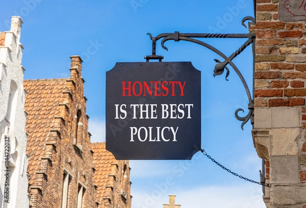 Fototapeta Honesty is the best policy symbol. Concept words Honesty is the best policy on black beautiful road sign. Beautiful blue sky background. Business honesty is the best policy concept. Copy space.