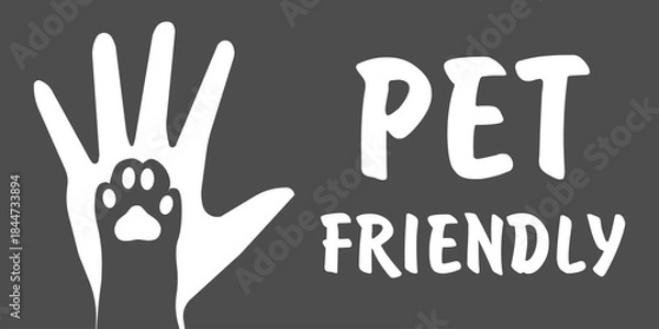 Fototapeta Pet friendly concept in gray, vector illustration.  Animal paw with human hand on  vector illustration for your web site design, app, UI.  Pet Friendly sign. EPS10.
