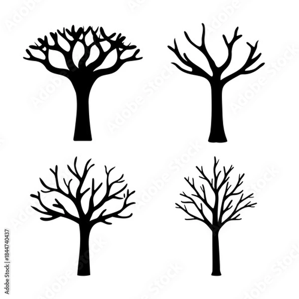 Fototapeta Minimalist collection of bare tree silhouettes showcasing distinct winter branch structures