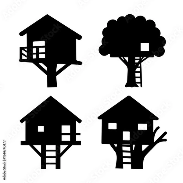Fototapeta A captivating collection of diverse black silhouette treehouse icons representing childhood dreams