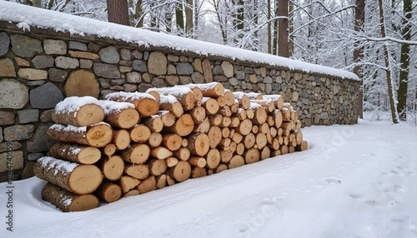 Fototapeta Stacked firewood in snowy forest with stone wall background  