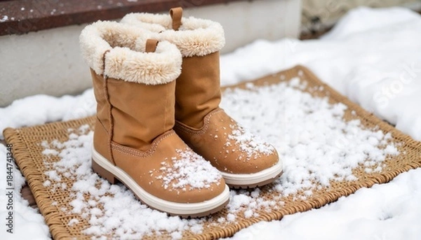 Fototapeta Winter boots on a doormat covered with snow in outdoor setting  