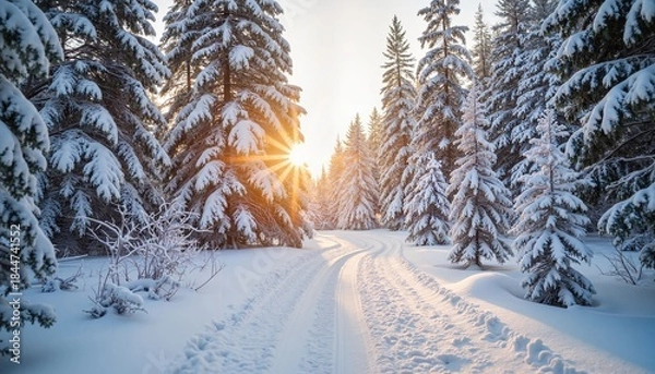 Fototapeta Snowy forest pathway with sunlight shining through trees in winter  
