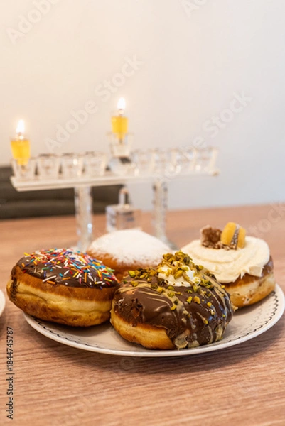 Fototapeta A festive plate of Hanukkah sufganiyot (filled doughnuts) with assorted toppings sits on a wooden table, lit by the first candle on a menorah in the soft background.