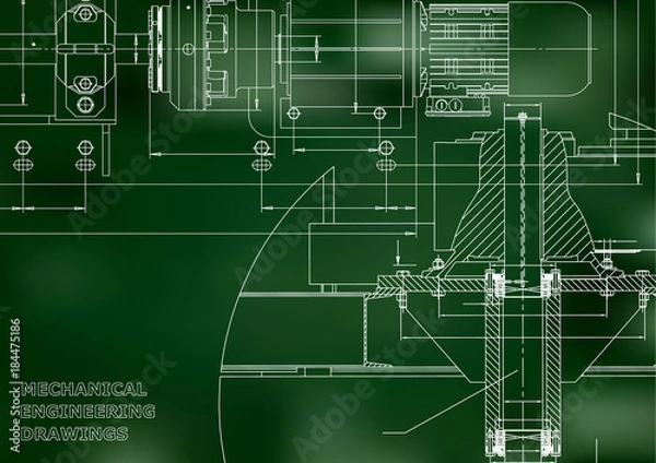 Fototapeta Engineering backgrounds. Mechanical engineering drawings. Technical Design. Blueprints. Green