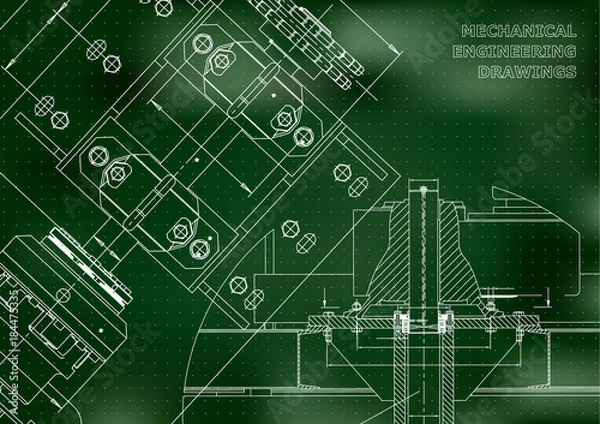 Fototapeta Engineering backgrounds. Technical Design. Mechanical engineering drawings. Blueprints. Green. Points