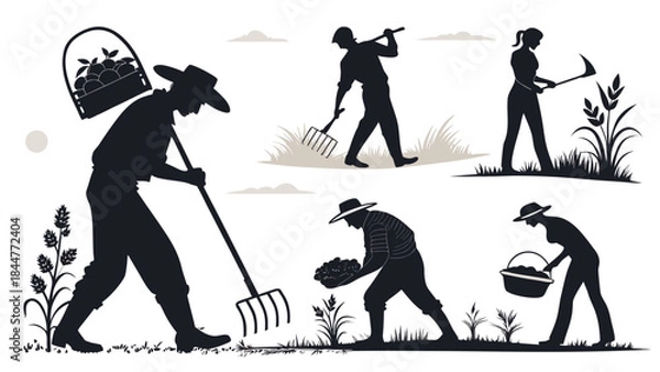 Fototapeta silhouette of a man, vector illustration of a man with a shovel, Farmers Working in the Field