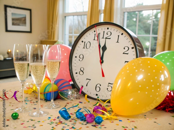 Fototapeta a table with a clock and balloons and confe