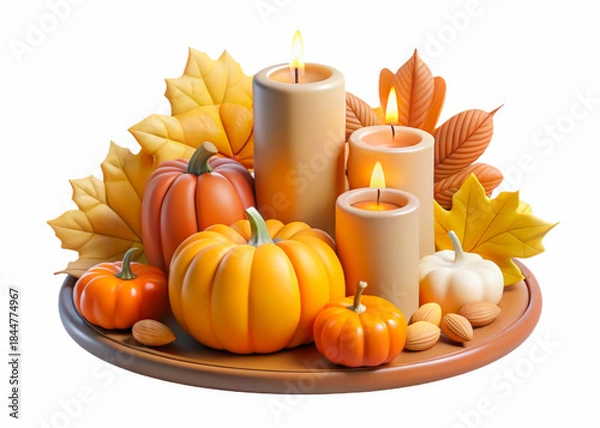 Fototapeta a plate with candles pumpkins and leaves