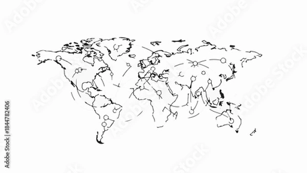 Obraz Global network connections visualized on a hand-drawn world map with interconnected lines and points.