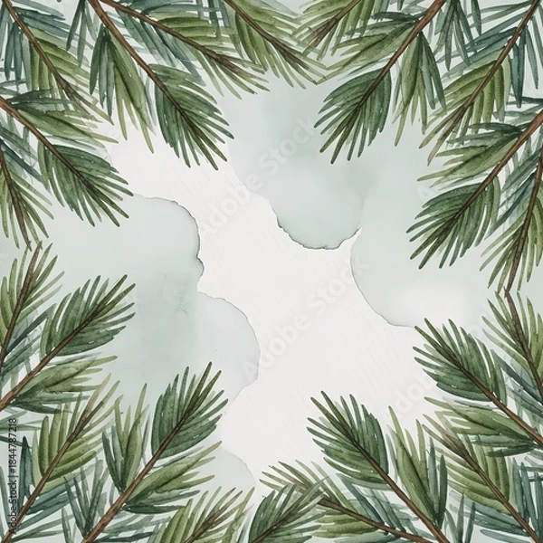Obraz Watercolor pine branches creating a festive frame with soft background  