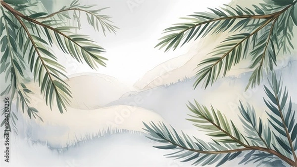 Obraz Abstract winter landscape with evergreen branches framing scenery  