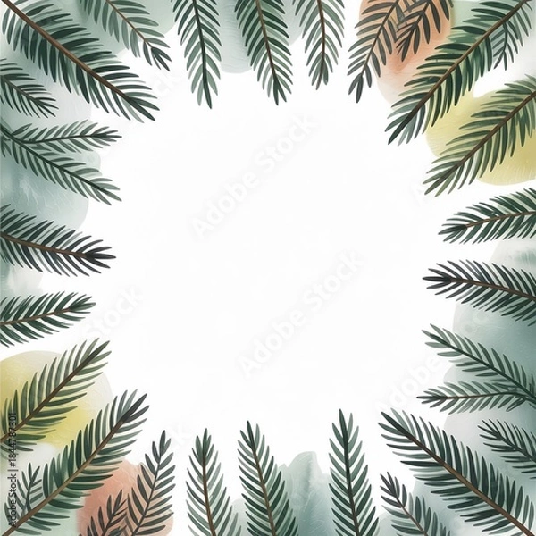 Obraz Green pine branches framing a blank space on watercolor background  