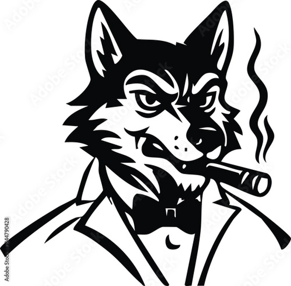 Fototapeta Wolf mascot in suit smoking cigar