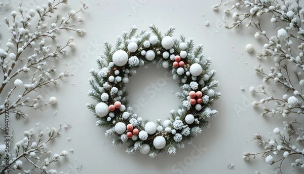 Obraz Elegant frosted winter wreath with white snowballs and soft pink berries on a light background