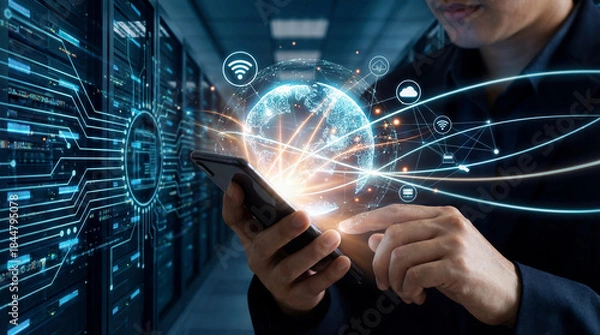 Fototapeta Mãos Segurando Tablet com Rede Abstrata de Dados Globais e Inteligência Artificial Brilhante - Conceito de Tecnologia Futura e Inovação Digital