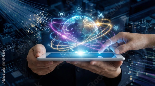 Fototapeta Mãos Segurando Tablet com Rede Abstrata de Dados Globais e Inteligência Artificial Brilhante - Conceito de Tecnologia Futura e Inovação Digital