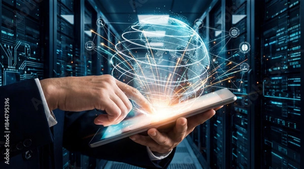 Fototapeta Mãos Segurando Tablet com Rede Abstrata de Dados Globais e Inteligência Artificial Brilhante - Conceito de Tecnologia Futura e Inovação Digital