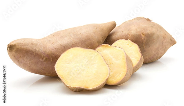 Fototapeta Two sweet potato and three slices isolated on white background.