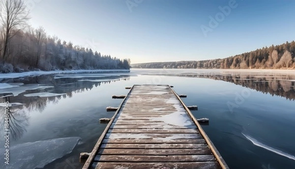 Fototapeta Illustration of serene frozen lake with a worn wooden dock, surrounded by snow-covered evergreen trees.