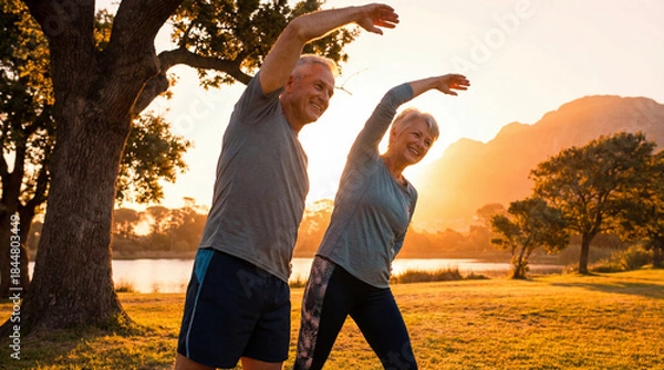 Fototapeta Casal Ativo de Meia-Idade Correndo e se Exercitando no Parque ao Nascer do Sol - Conceito de Saúde, Bem-Estar e Longevidade