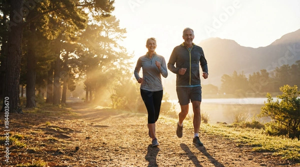 Fototapeta Casal Ativo de Meia-Idade Correndo e se Exercitando no Parque ao Nascer do Sol - Conceito de Saúde, Bem-Estar e Longevidade