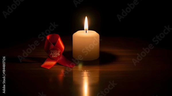 Fototapeta World AIDS Day Red Ribbon Resting Next To Burning Candle On Wood Table In Dark Dramatic Room