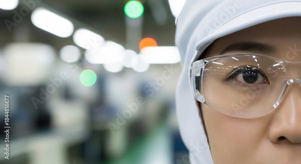 Obraz ライン作業員、精密部品工場で検品する真剣な眼差しとコピースペース