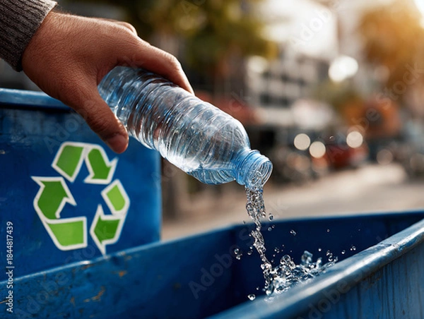Obraz Recycling Plastic Bottles into Blue Bin