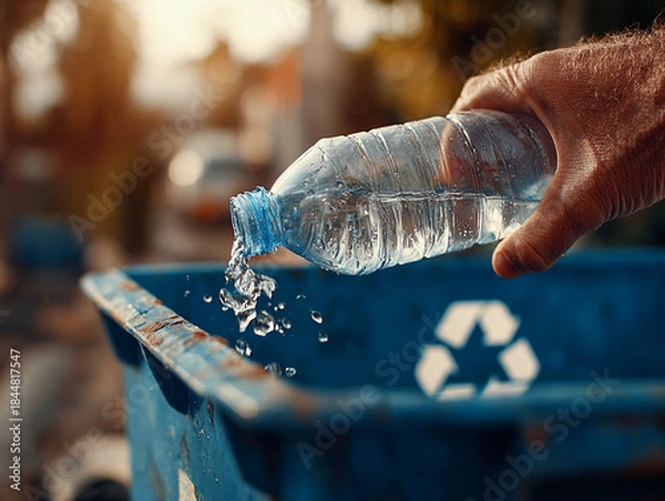 Obraz Recycling Plastic Bottles into Blue Bin