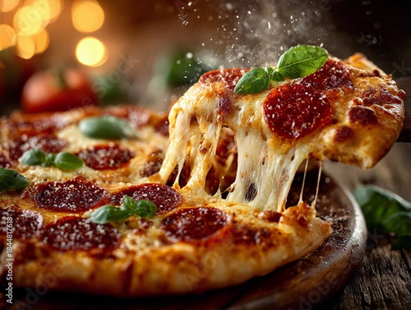 Obraz Delicious Pepperoni Pizza with Cheese Pull