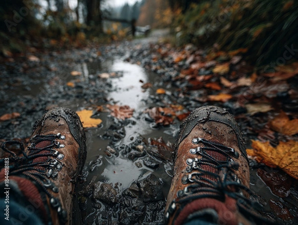 Obraz Hiking Boots Standing on Muddy Trail