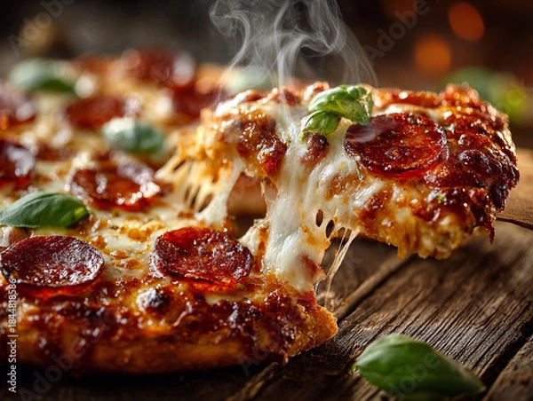 Obraz Delicious Pepperoni Pizza with Cheese Pull