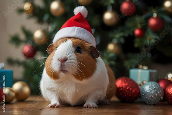 Obraz A guinea pig wearing a tiny elf hat surrounded by Christmas decorations