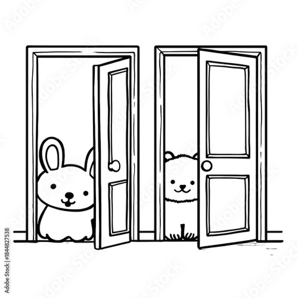 Fototapeta simple black and white coloring book illustration for toddlers two cartoonstyle doors side by side one door open with a smiling animal peeking out one door closed thick outlines no shad