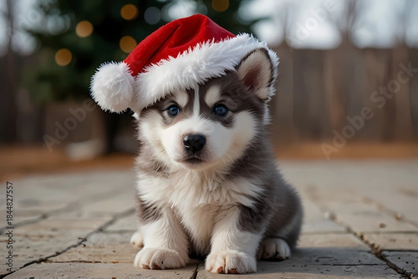 Obraz A husky puppy with a fluffy Santa hat oversized for its head