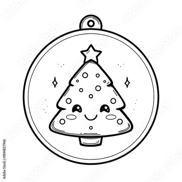 Fototapeta A cute simple Christmas tree ornament illustration for a toddler coloring book large round ornament with a smiling face and a small top hook Use thick bold outlines minimal details and