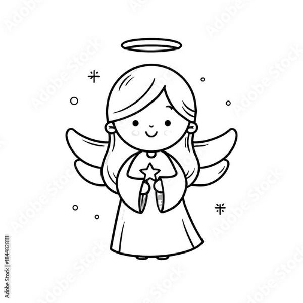 Fototapeta A cute simple Christmas angel illustration for a toddler coloring book a smiling angel with a round face short wings and a glowing halo above the head The angel is wearing a flowing rob