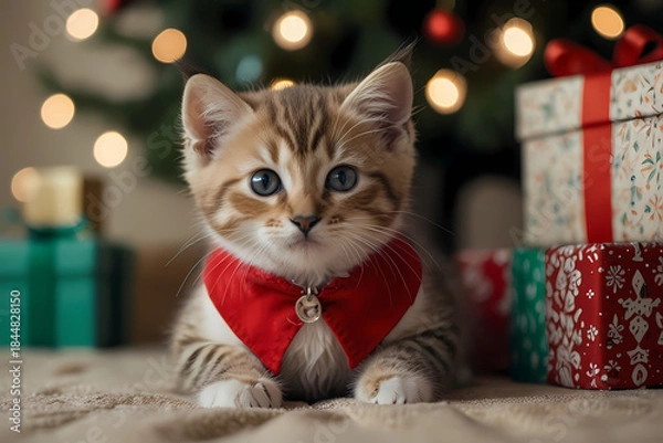 Obraz A kitten with a tiny Santa Hat accessory sitting near presents