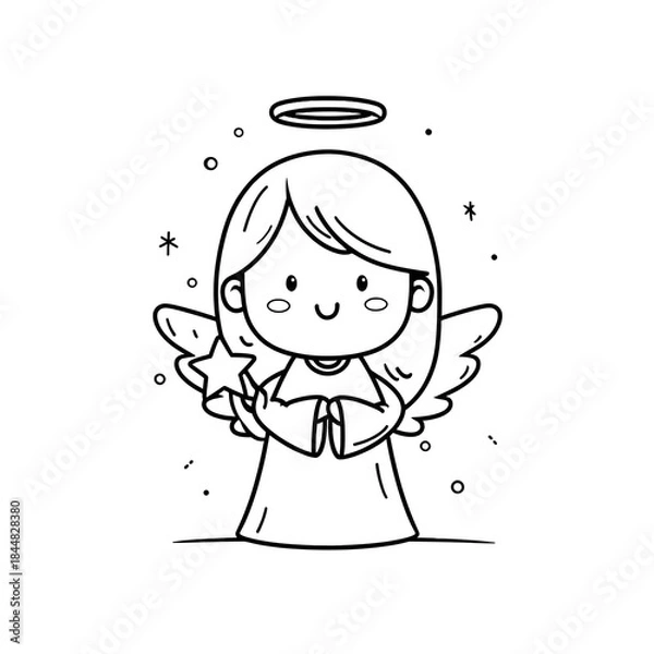 Fototapeta A cute simple Christmas angel illustration for a toddler coloring book a smiling angel with a round face short wings and a glowing halo above the head The angel is wearing a flowing rob