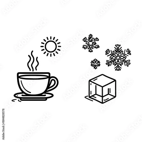 Obraz Simple line art illustration for toddler coloring book sidebyside objects showing hot and cold on the left a steaming cup of tea with sun above it on the right an ice cube with snowflak