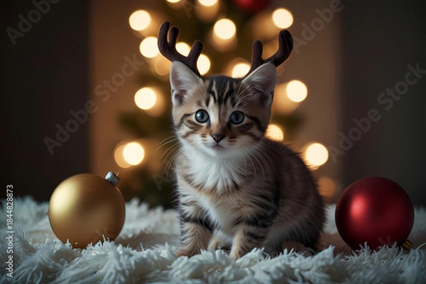 Obraz A kitten wrapped in Christmas string lights glowing softly