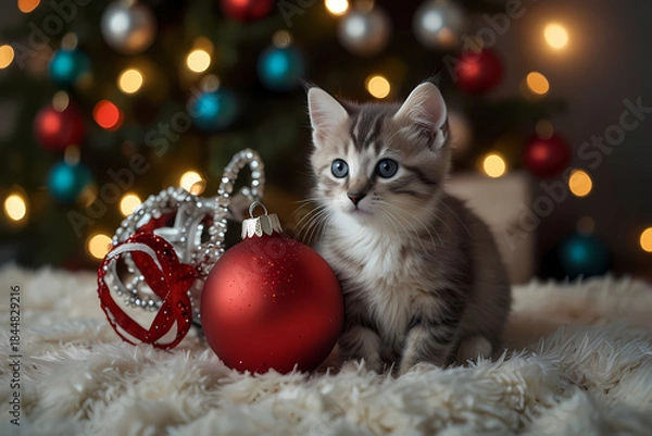 Obraz A kitten wrapped in Christmas string lights glowing softly
